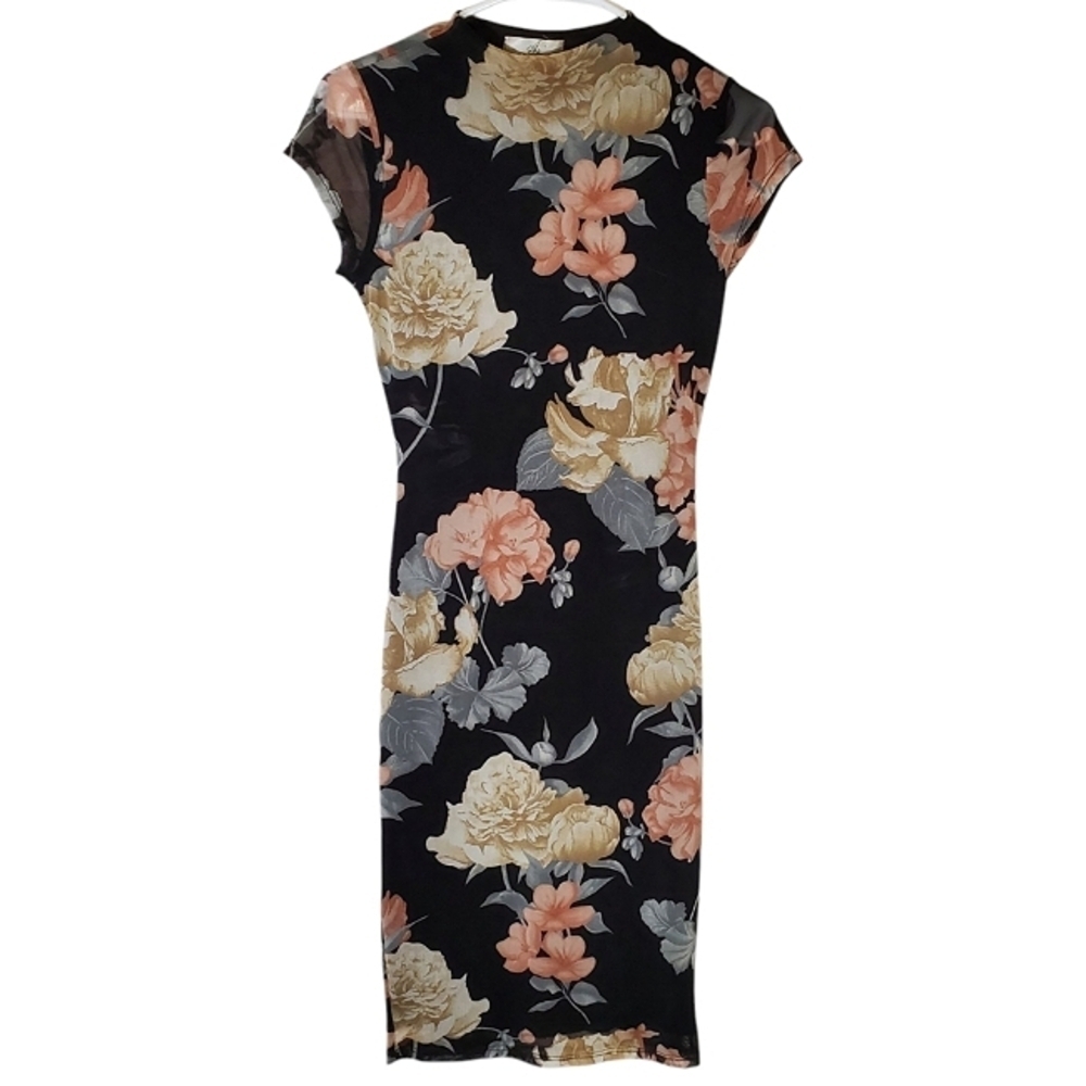 2231 * A3 Design Mesh Floral Bodycon Midi Dress Black Size S Vintage